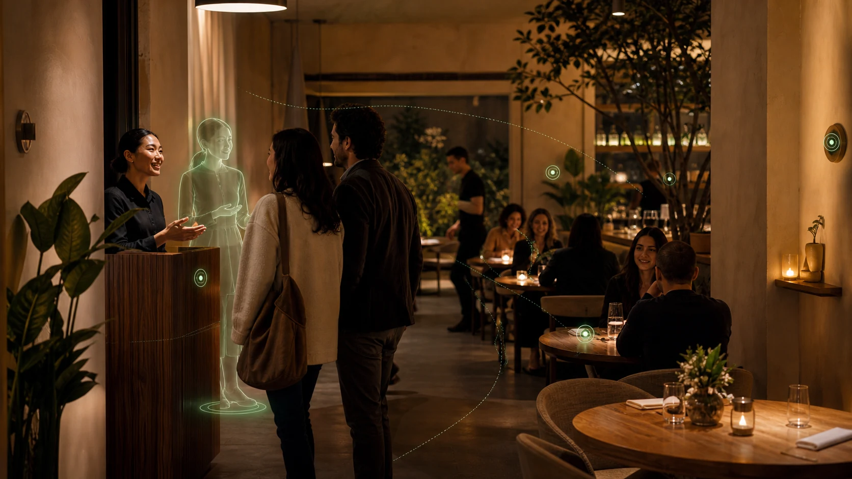 Concept of a Visionbrew avatar assisting guests inside a real hospitality location