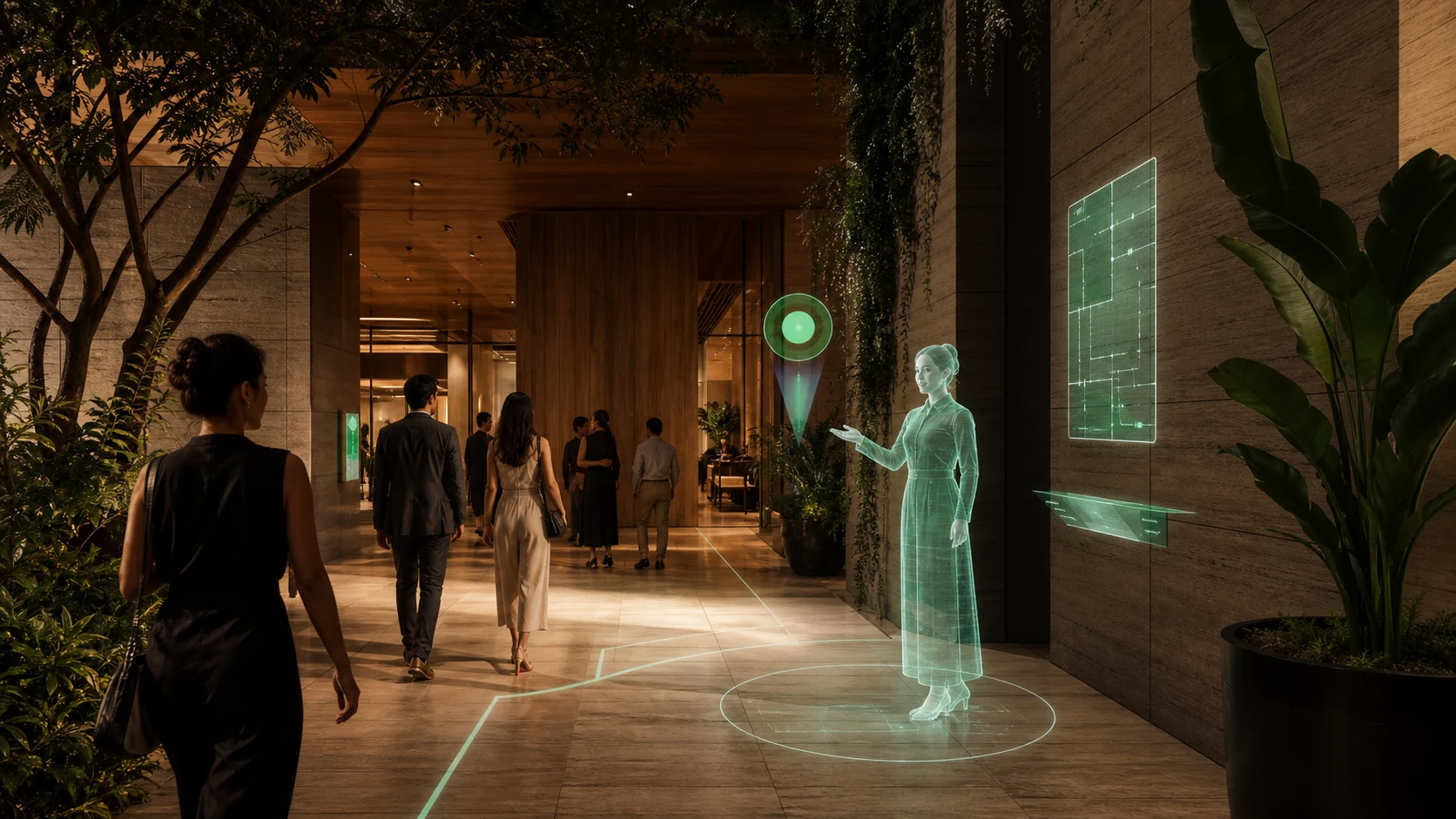 Concept of a Visionbrew AI host and spatial guidance layered over the entrance to a real event venue